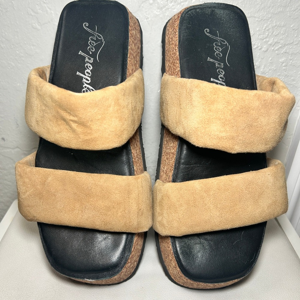 Free People Fairmont Women's 8 Platform Slide Sandals Suede Cork Beige‎ Size 38